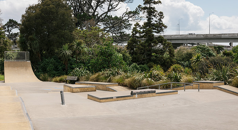 Waterview Reserve - Half-pipe with a variety of boxes, rails and slopes. Photo credit: J Farnworth.