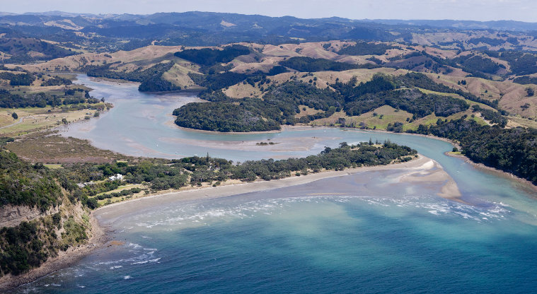 Wenderholm Regional Park - Aerial view of the park from the Maungatauhoro Headland (left) to the Pūhoi River estuary (right).