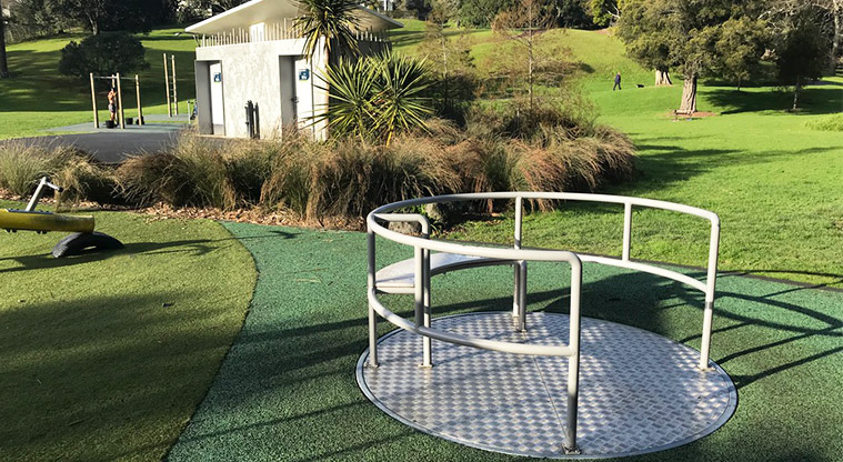 Western Park - Play equipment with the toilet in the background.