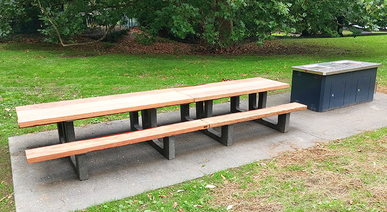Western Springs Lakeside - Picnic tables and a barbecue near the playground.