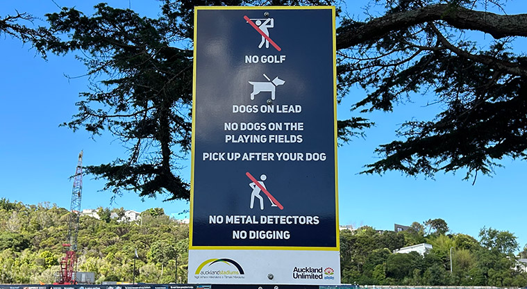 Western Springs Outer Fields - Sign on the Stadium Road side showing the rules of the park. Photo credit: S Hulse.