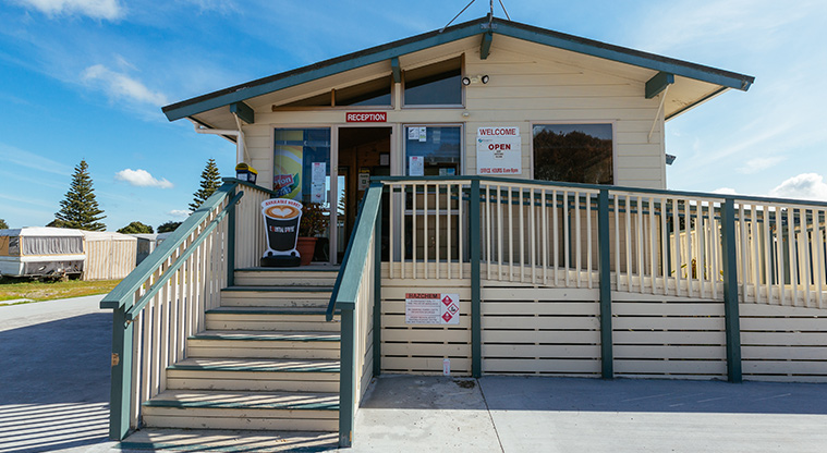 Whangateau Holiday Park - Holiday park reception building with accessible ramp.