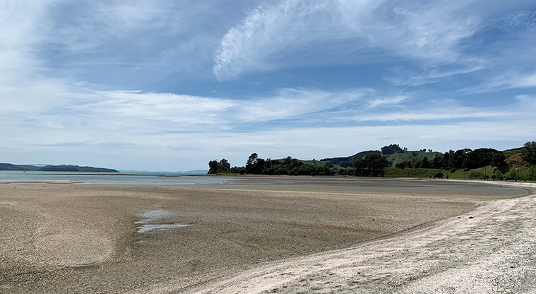 Whitford Point Reserve - View across the sand and out to the Hauraki Gulf.