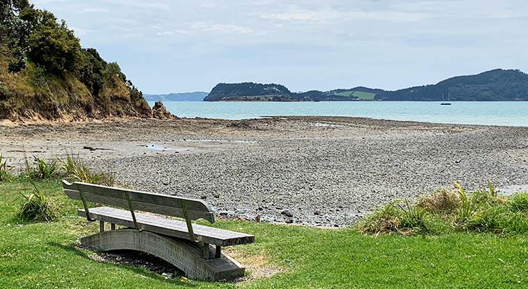 Whitford Point Reserve - View of a seat and out to the Hauraki Gulf.