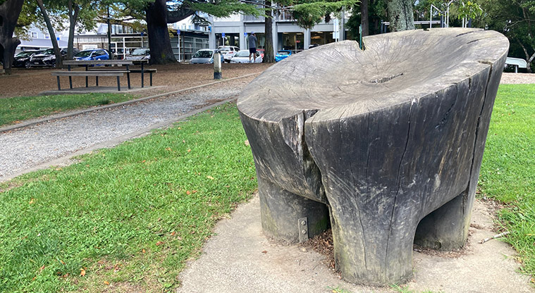 Albany Village Path - Carved throne near the entrance of Kell Park.