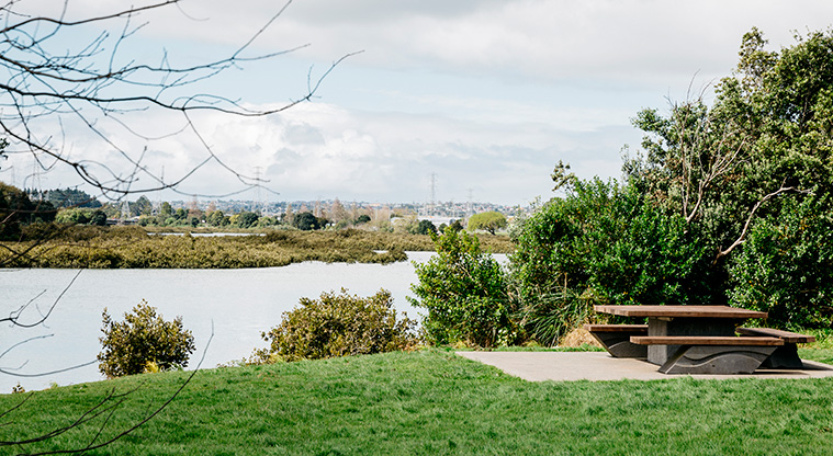 Archibald Park Path - Picnic table facing the Whau River.