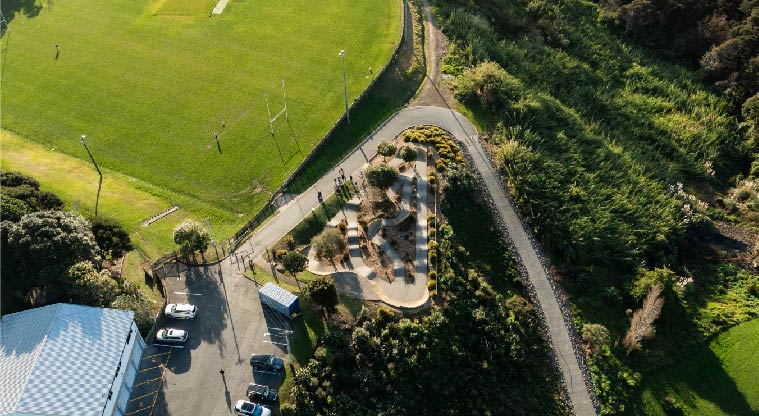 Birkenhead War Memorial Path - Birdseye view of BMX pumptrack and rugby field.