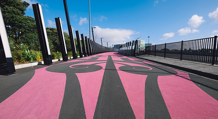 Central City Loop Path - Te Ara I Whiti - The Lightpath 2015, Katz Maihi Commissioned by Auckland Transport, NZ Transport Agency and Auckland Council; Auckland Council Art Collection. Photo credit: David St George.