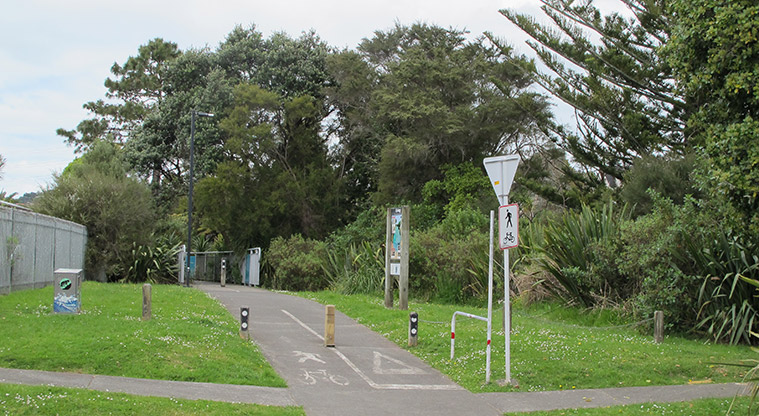 Te Ara Hono / Glen Eden to Kaurilands Path - Follow the path alongside the Waikumete Stream; here crossing Routley Drive.