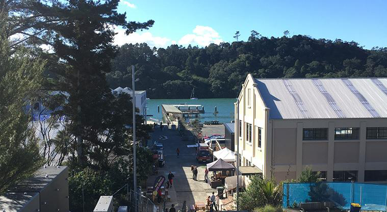 Hobsonville Point Path - View down to the Hobsonville Point Wharf, market and ferry.