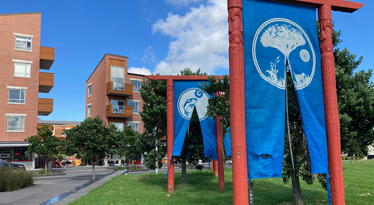 Hobsonville Point Path – Four gates, called from the ground up, Tiffany Singh, Wiremu Diamond and students of Hobsonville Primary School mark the former runway.