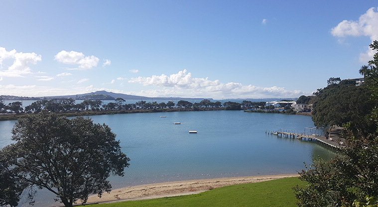Te Ara o Taurarua / Judges Bay Path - Judges Bay at high tide, with views across to North Head and Rangitoto Island.