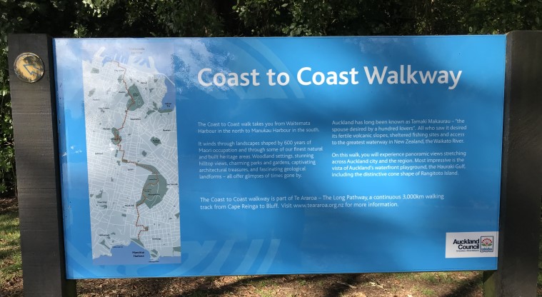 Maungawhau / Mt Eden Path - Coast to Coast Walkway sign. Maungawhau is part of this 16km scenic walking route that connects Waitematā and Manukau Harbour.