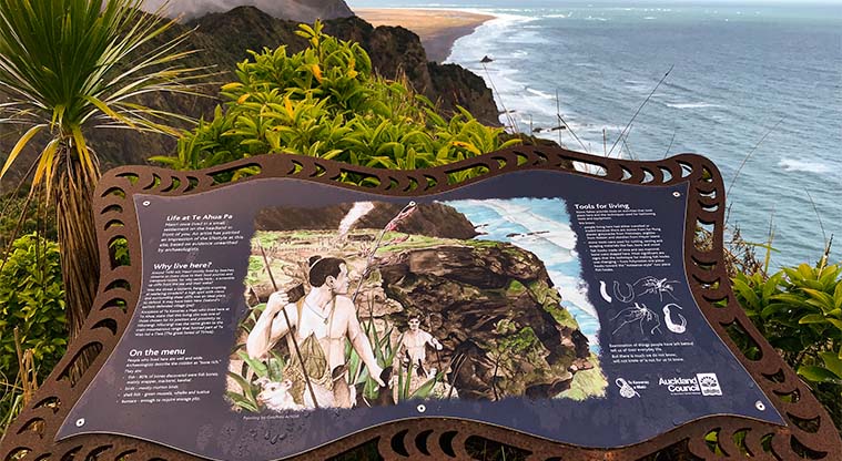 Mercer Bay Loop Track - An interpretive sign shows what the village and pā site here may have looked like and how Māori people used the area.