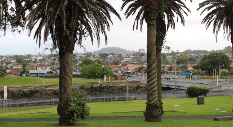 Pukewīwī / Puketāpapa / Mt Roskill Path - View near the start of the path looking across State Highway 20 towards Maungawhau / Mt Eden.