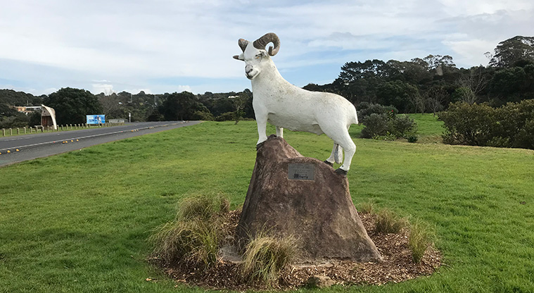 Okahuiti Path - The Waiheke Rams league club and the Dolphins netball club have their own mascot sculptures.