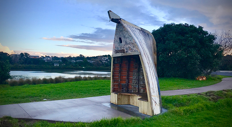 Okahuiti Path - The new coastal path has a unique shelter, made from a salvaged kauri boat hull.