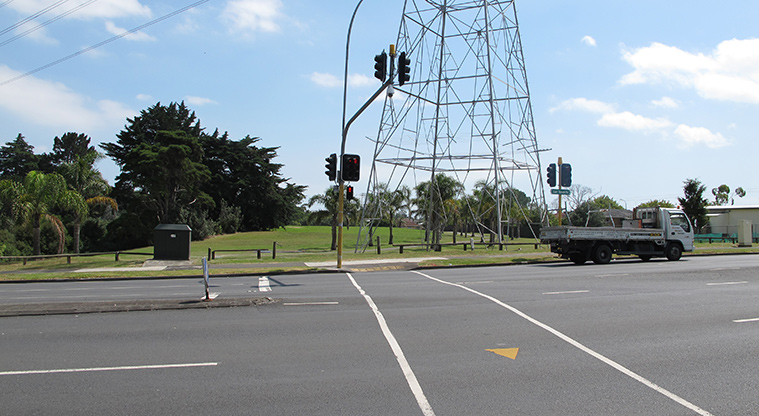 Ōtara Path- Cross East Tamaki Road at the signals.