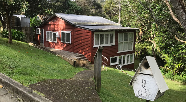 Palm Beach Lookout Path - Old baches line Matapana Road back to the beach.