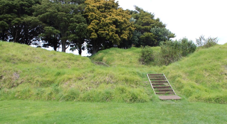 Ōhuiarangi / Pigeon Mountain Path - Two flights of stairs heading towards a cluster of trees.