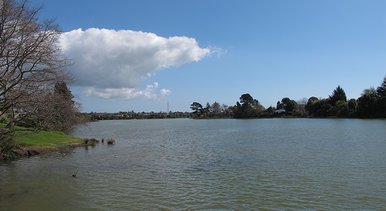 Pāhurehure Esplanade Path – View over inlet from Gills Avenue with tide in.