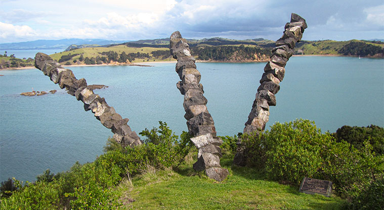 Rotoroa Island South Path - A sculpture by Chris Booth at the high point of the South Loop. Looking out over the Ruthe Passage to Ponui Island. 