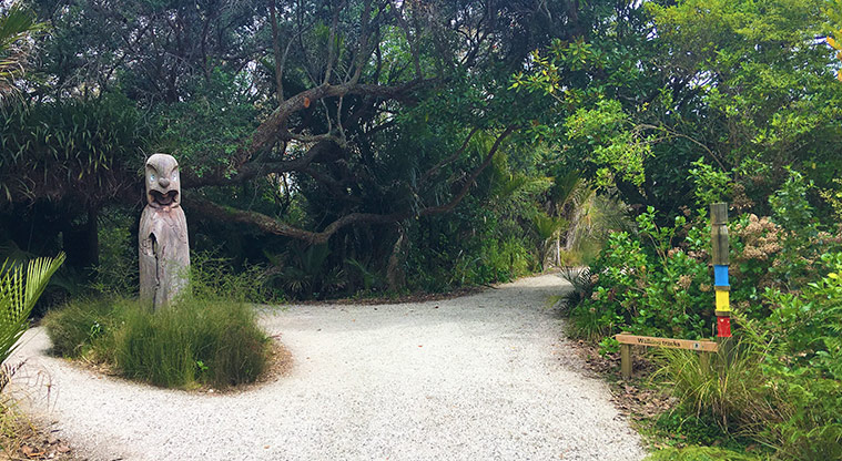 Wenderholm Perimeter Track - Te Pou Herenga a Ngā Tūpuna - Pouwhenua (carving) at the path start.