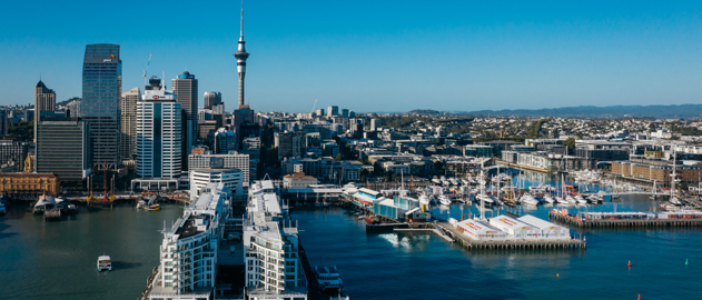 View of Auckland city from the sea showing the wharf