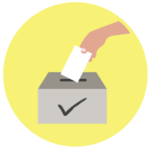 An illustration of a hand placing a vote into a ballot box with a tick on it against a yellow circular background. 