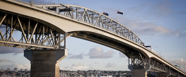 View up to Auckland Harbour Bridge.