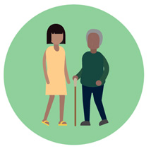 Illustration showing an older member of the public, with a walking stick, talking to an elected official.