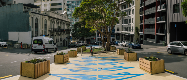 Inner Auckland city street with Māori designed pavement.