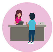 Illustration of a member of the public talking to a council staff member, standing behind a desk, about a public consultation.