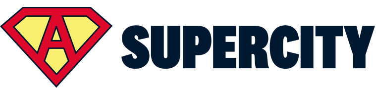 A logo showing the letter 'A' in the style of Superman. "Supercity" is written in thick black capital letters.