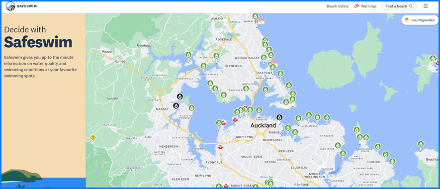 A screenshot of the Safeswim website showing a map of Auckland.