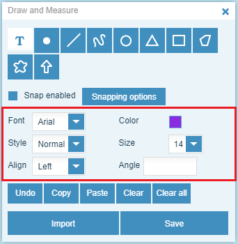 Screenshot of the Font, Colour, Style, Size and Align options in the Draw and Measure tool in GeoMaps.