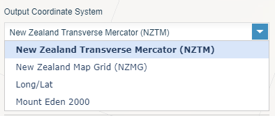 screenshot of coordinate system drop-down menu with New Zealand Transverse Mercator (NZTM) selected