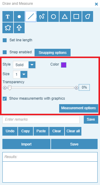 Alt: Screenshot of the Show measurements with graphics option in the Draw and Measure tool in GeoMaps.