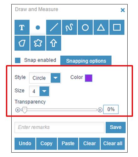 Screenshot of the Style, Colour, Size and Transparency options in the Draw and Measure tool in GeoMaps.