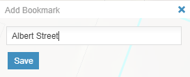 screenshot showing Add bookmark and a text field with Albert Street written into it and a save button below