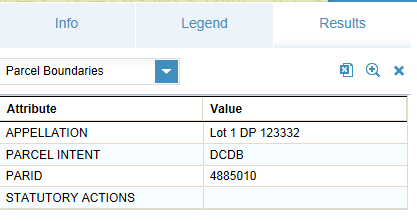 Screenshot of parcel attributes in the results panel of GeoMaps.