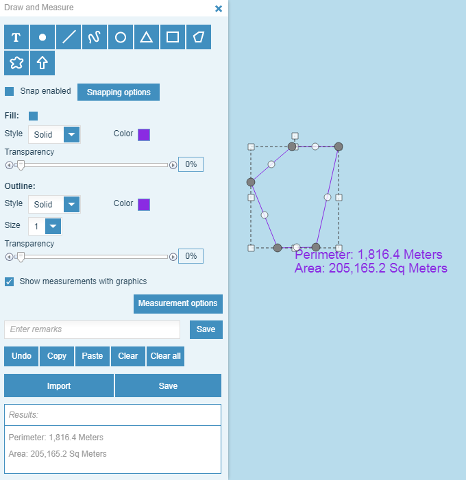 screenshot of the polygon tool showing the perimeter and area of the drawn polygon