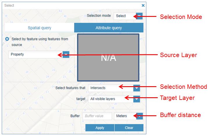 Screenshot of the Select tool (spatial query) features in GeoMaps.