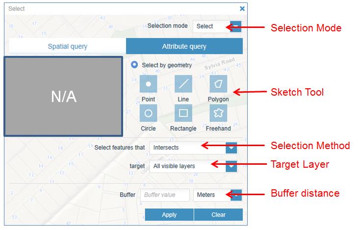 Screenshot of the Select tool (spatial query) features in GeoMaps.