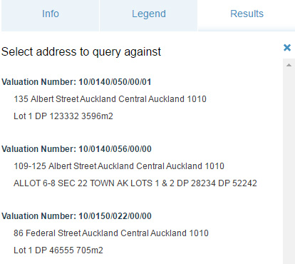 List view of results in the Auckland Unitary Plan map viewer.