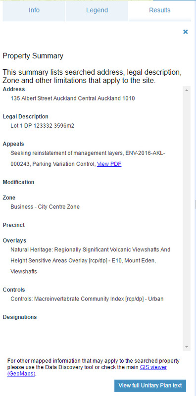 Attributes view of results in the Auckland Unitary Plan map viewer. 