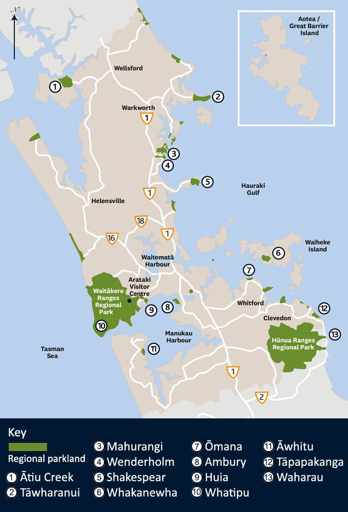 Map of the Auckland region showing regional parks where camping in a self-contained vehicle or campervan is authorised.