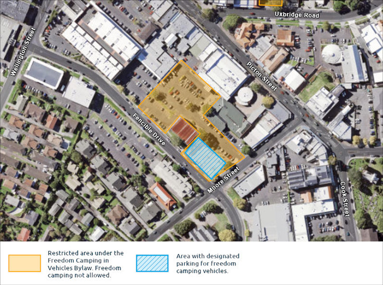 A map highlighting areas where freedom camping is not allowed.