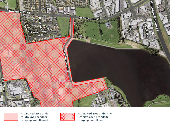 A map highlighting areas where freedom camping is either restricted or not allowed.