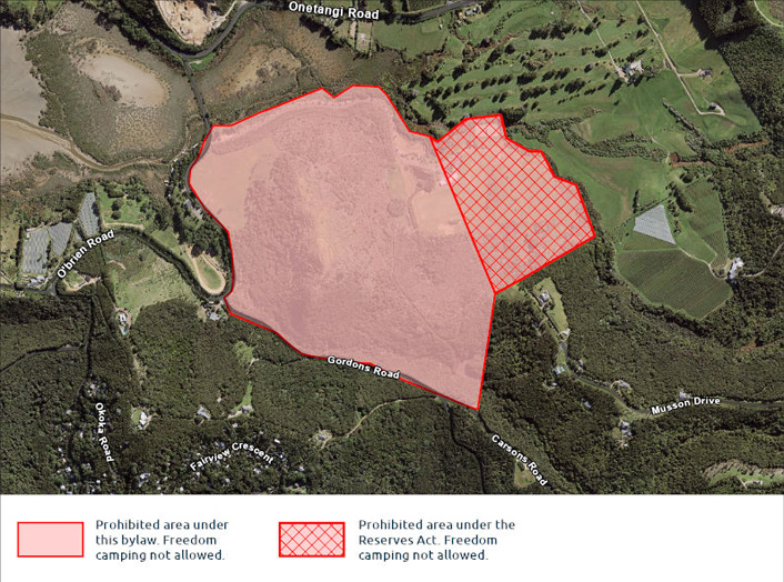 A map highlighting areas where freedom camping is not allowed.